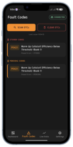 Fault codes screen
