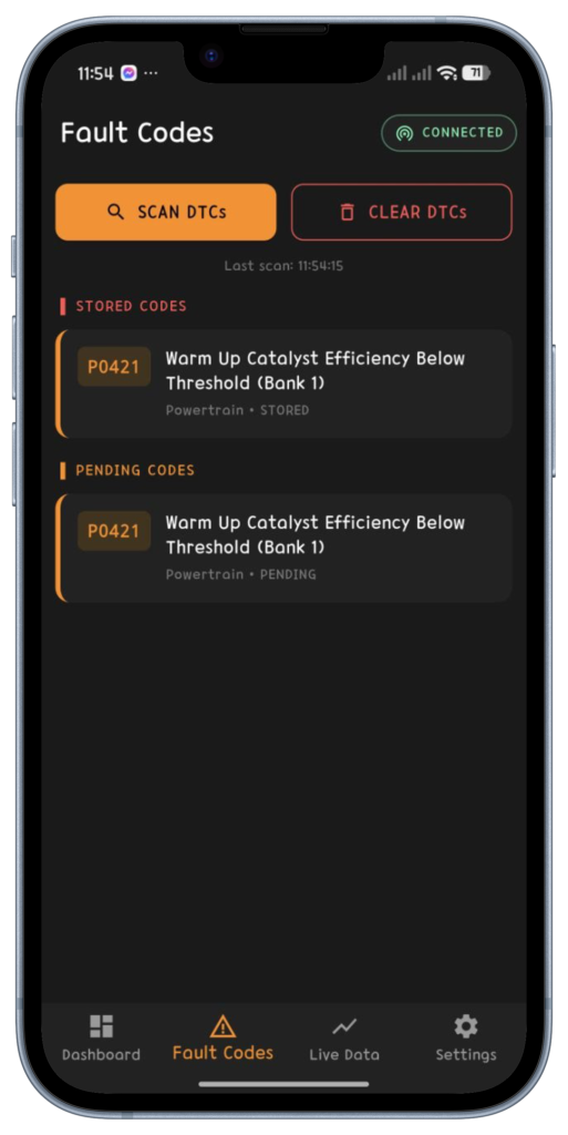 Fault codes screen