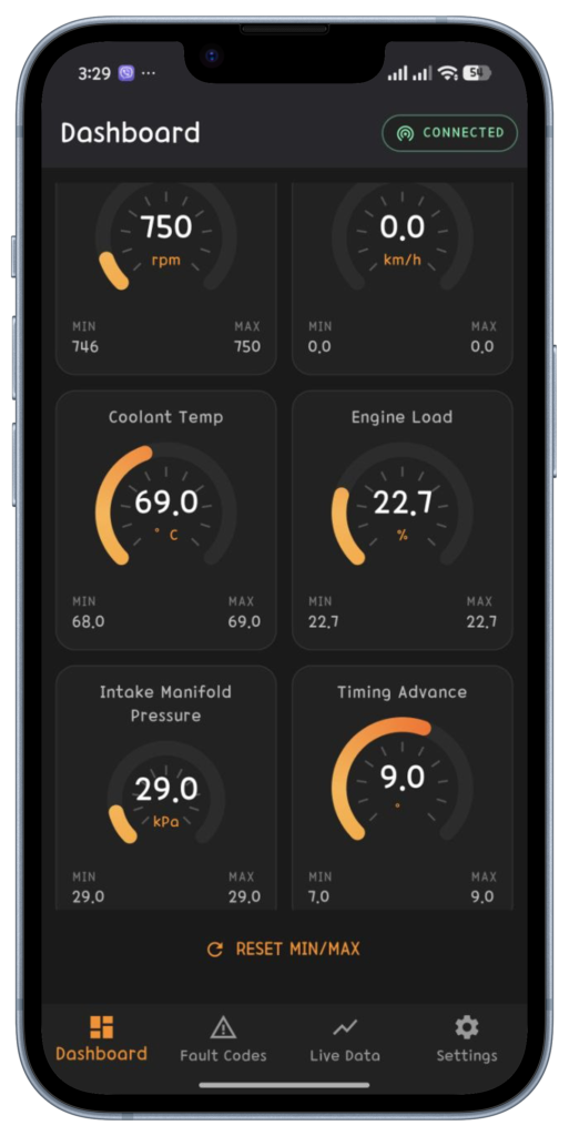 Dashboard screen showing live RPM gauges