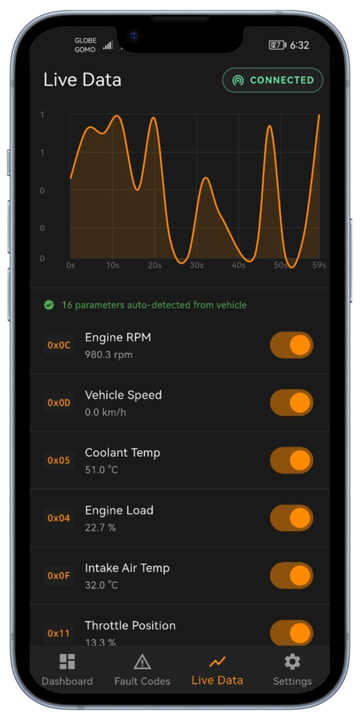 Live data screen showing 16 auto-detected parameters